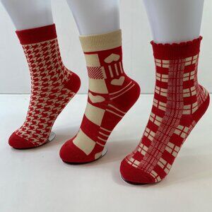 Womens Crew Socks 3 Pack Houndstooth Heart Plaid Red Cream